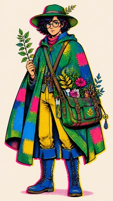 full-body original character: a wandering botanist with a satchel of plants, a patched green cloak, tall boots and round glasses, neutral background