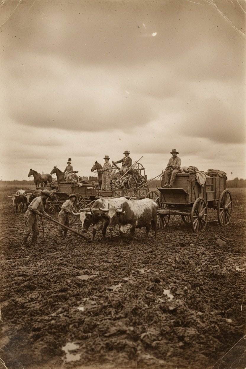 A highly realistic and historically accurate image set in the deep, waterlogged mud of the Texas Cross Timbers (Montague County) in 1840. The scene captures the frustrating moment when the Chihuahua Traders caravan is completely stuck. Foreground focus is on several heavy, wooden Conestoga freight wagons, mired up to their axles in dark, thick mud. Exhausted oxen are straining and distressed, their drivers in rough frontier attire attempting to free the wheels with ropes and levers. In the mid-ground, a small group of the American equestrian circus performers stands next to their distinctive, high-quality riding horses, which are visibly more refined than the typical pack animals. The performers are dressed in sturdy but distinct traveling clothes, looking ill-equipped and frustrated by the muddy conditions. One performer is carefully securing a colorful carriage or cart containing unique circus props, struggling to keep it from sinking. The overall mood is one of miserable delay and hardship. Cloudy, oppressive sky; detailed realism; wide-angle shot; dark, moody lighting.