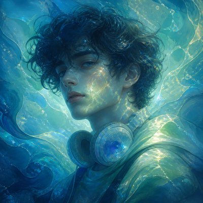 head-and-shoulders portrait of an original character: a young man with curly dark hair and headphones around his neck, plain backdrop, no text