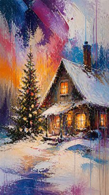 a snow-covered cottage with warm glowing windows beside a decorated pine tree, gentle snowfall, no text