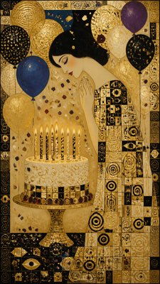 a birthday cake with lit candles surrounded by balloons and confetti, festive vertical composition, no text