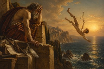 Daedelus watches his son the Ignudi Icarus fall from the sky to his death in the sea