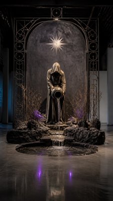 a robed figure pouring water beneath a large eight-pointed star in a night sky, symmetrical composition with an ornate decorative border, no text