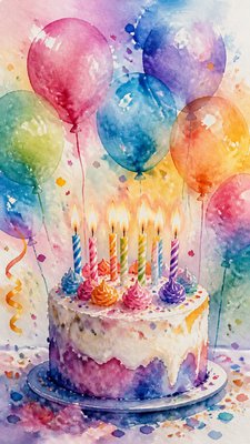a birthday cake with lit candles surrounded by balloons and confetti, festive vertical composition, no text