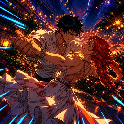 an original couple dancing under string lights in a garden at dusk: a man with short black hair in a linen shirt and a woman with braided red hair in a summer dress