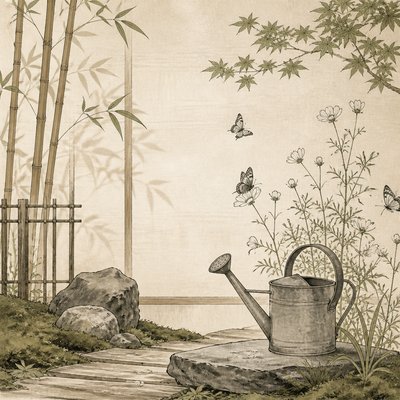 a garden scene with butterflies, flowers and a watering can, clean uncolored line art, no text