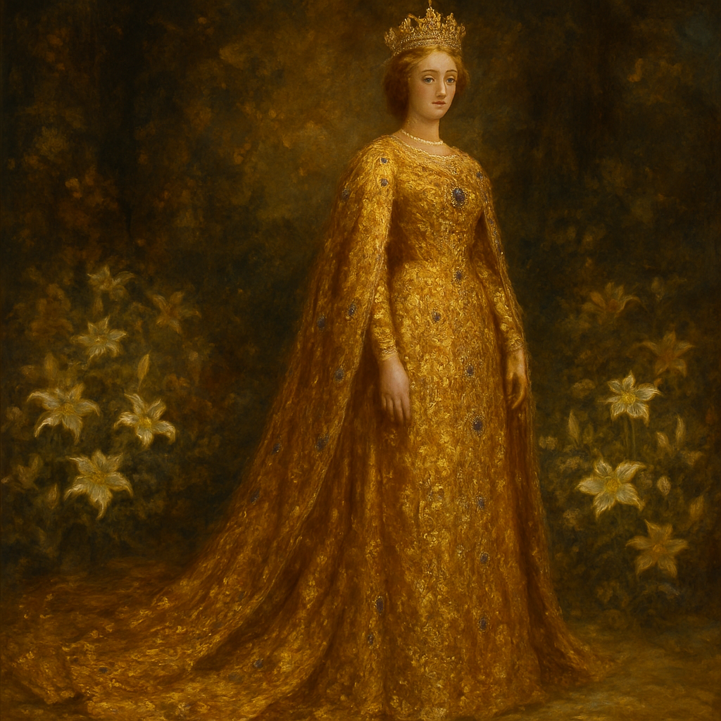 Oil Painting Art Style, Baroque Art Style, a breathtakingly majestic and regal full-length portrait of "The Queen in Gold of Ophir," inspired by Psalm 45. The Queen stands with impeccable grace and royal dignity, her posture radiating quiet power. Her expression is serene, gentle, and profoundly gracious, with a subtle, noble peace. She is adorned in an exquisitely elaborate gown woven entirely from the finest, purest gold of Ophir, which shimmers and gleams with unparalleled brilliance, featuring a magnificent, flowing long train that sweeps gracefully behind her across the ground. Her attire is intricately embellished with countless precious jewels—sapphires, rubies, and emeralds—each sparkling intensely with Baroque dynamism. A delicate yet regal golden crown, also ablaze with light, rests upon her head. The setting is a serene yet grand sacred garden abundant with white and golden lilies, which bloom richly around her feet and extend into the softly focused background. The scene is bathed in dramatic, warm, golden ambient light that creates striking highlights on her golden gown and the lilies, making her and her lavish garments glow amidst the natural beauty. Focus on the unparalleled brilliance, texture, and radiant shine of her golden gown and its sweeping train, the intense sparkle of her jewels, her majestic yet gentle presence, and the luxurious, sacred atmosphere created by the golden light and the symbolic lilies, befitting a queen in God's presence.