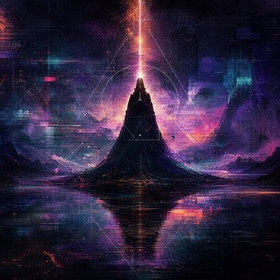 a digital painting of a mountain with a bright light coming out of it