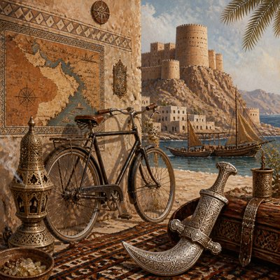 bicyle resting against a wall — Omani Art Style