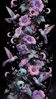 a climbing vine of flowers and hummingbirds on a dark background, tall wrapping composition, no text