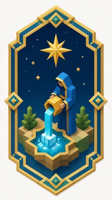 a robed figure pouring water beneath a large eight-pointed star in a night sky, symmetrical composition with an ornate decorative border, no text