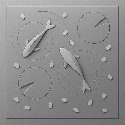 A koi pond seen from above, orange and white koi fish swimming among lily pads, clear water with subtle ripples, fallen cherry blossom petals floating on the surface, dappled sunlight