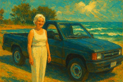 a painting of a woman standing next to a truck