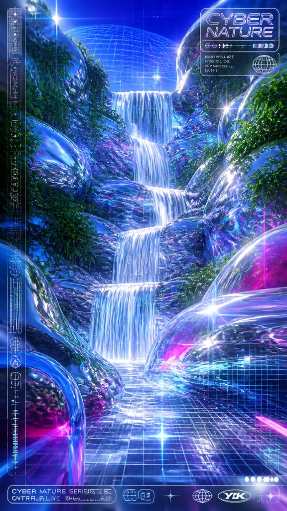 a cascading waterfall in a lush green gorge, no people