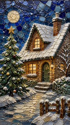 a snow-covered cottage with warm glowing windows beside a decorated pine tree, gentle snowfall, no text