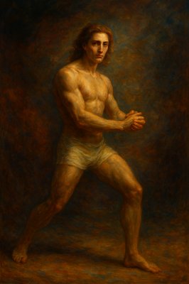 a painting of a man with no shirt on