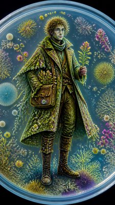 full-body original character: a wandering botanist with a satchel of plants, a patched green cloak, tall boots and round glasses, neutral background