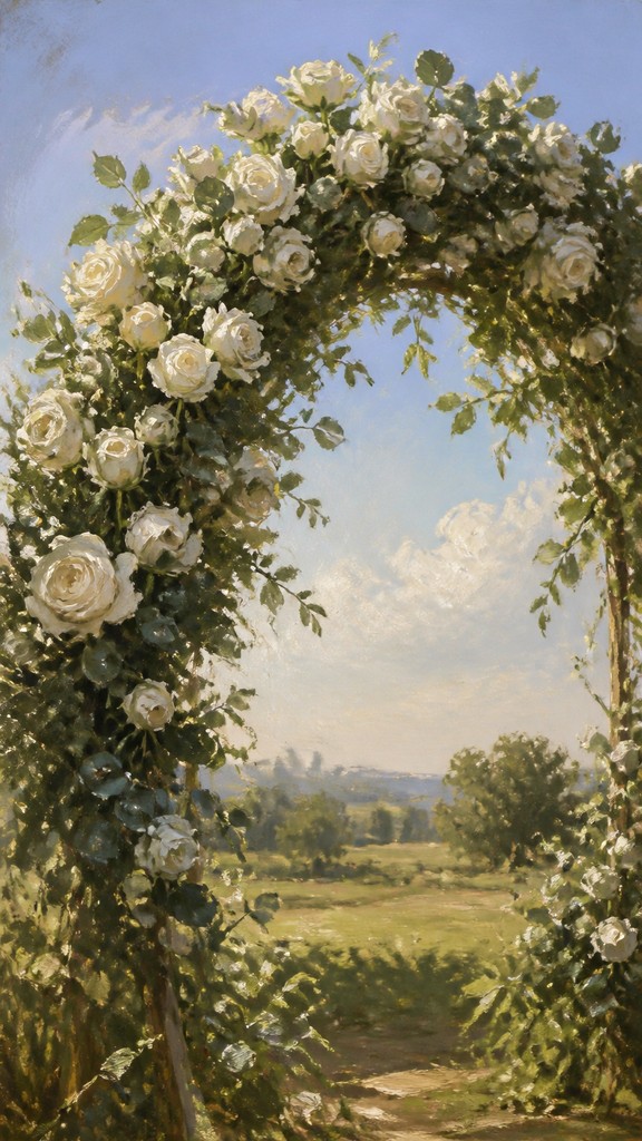 an arch of white roses and eucalyptus in soft morning light, elegant vertical composition with open space, no text