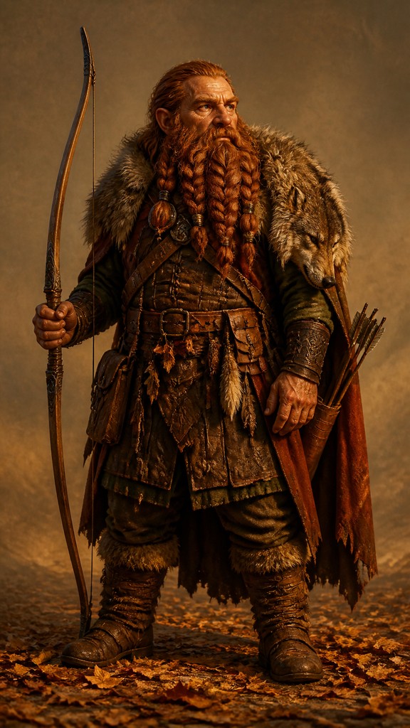 full-body original character: a dwarven ranger with a braided auburn beard, worn leather armor, a longbow and a wolf-pelt cloak, neutral background, no text