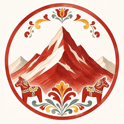 an emblem of a mountain peak inside a circle, simple bold shapes on a plain background, no text or lettering