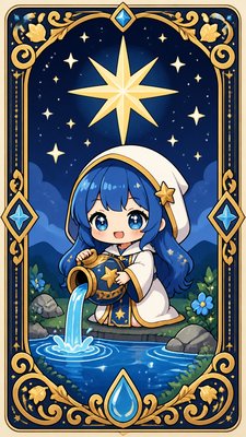 a robed figure pouring water beneath a large eight-pointed star in a night sky, symmetrical composition with an ornate decorative border, no text