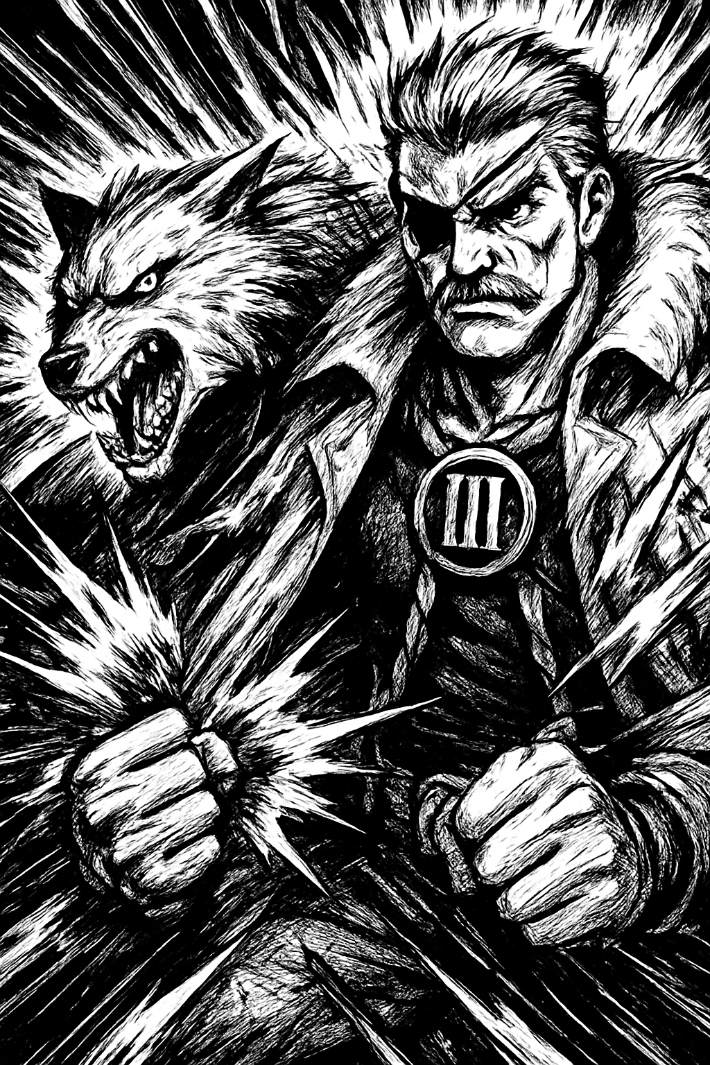 a black and white drawing of a man holding a sword