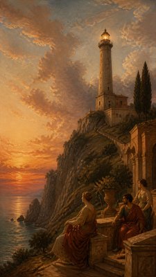 a lone lighthouse on a cliff at dusk under a dramatic sky, no text or lettering
