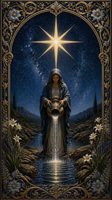 a robed figure pouring water beneath a large eight-pointed star in a night sky, symmetrical composition with an ornate decorative border, no text