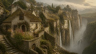 a cliffside city with waterfalls cascading into a misty canyon, wide establishing shot, no people, no text