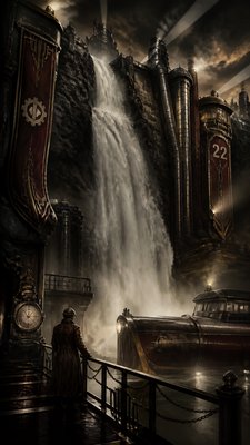 towering waterfall cascading down a cliff