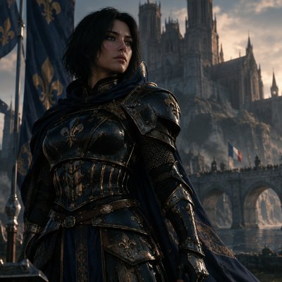 Je veux que tu me fasses une hyper realiste guerriere, tres modern avec une armure moderne genre full bleu foncé sombre or foncé or sombre et voile en soie mais juste un peu si besoin mais elle une armure, le voile c’est juste histoire de rajouter du tissu et des cheveux longs cour noir en forme de bob et elle a des yeux bleu foncé brillant, on dirait presque une deesse de la france medieval ancien avec l’ethnie, un corp realiste et un visage realiste ne me fait pas un truc idéalise