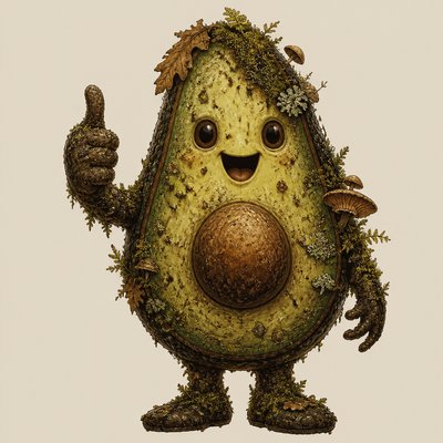 a happy avocado character giving a thumbs up, bold readable design on a plain background, no text