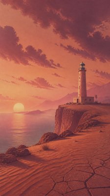 a lone lighthouse on a cliff at dusk under a dramatic sky, no text or lettering
