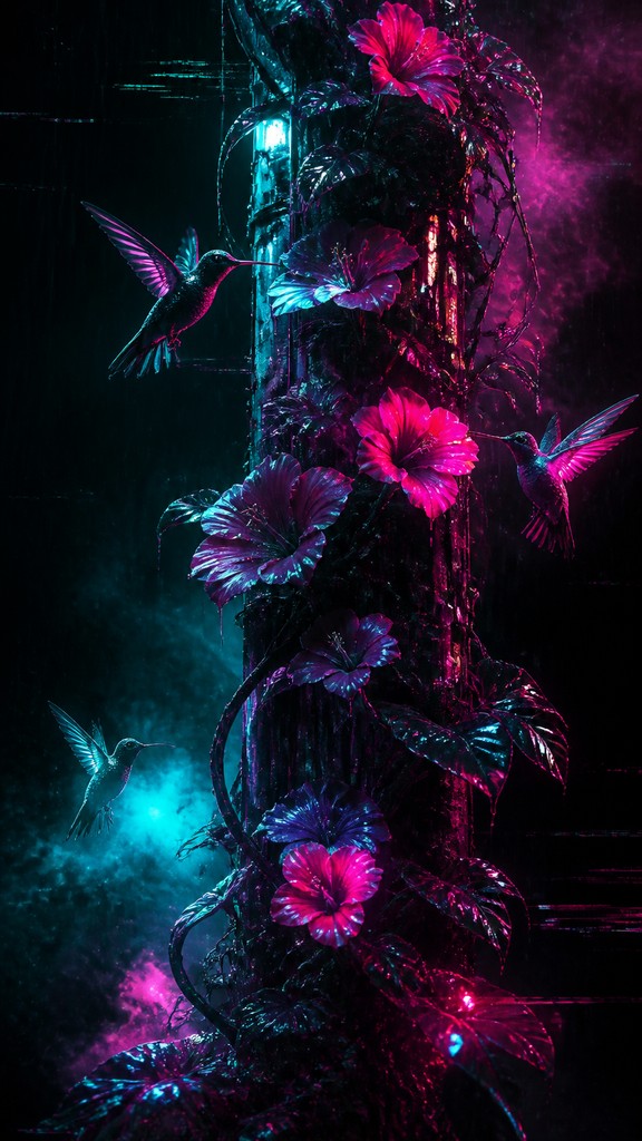 a climbing vine of flowers and hummingbirds on a dark background, tall wrapping composition, no text