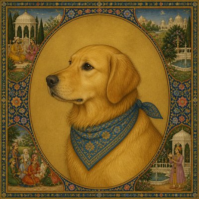 portrait of a golden retriever wearing a blue bandana, warm plain backdrop, no text
