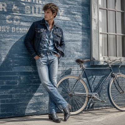 bicyle resting against a wall — Denim-on-Denim Fashion Style