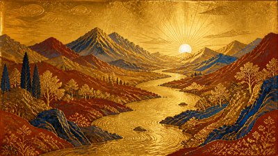 a vast valley with a river winding toward distant mountains at sunrise, no people, no text