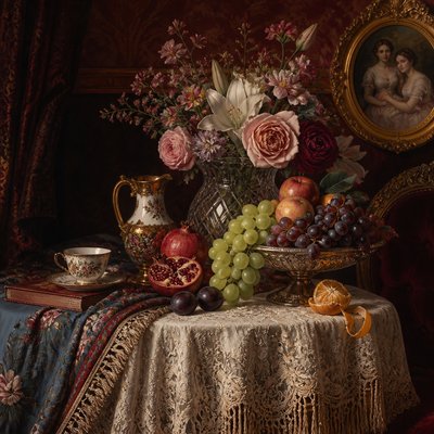 still life arrangement of fruits and flowers