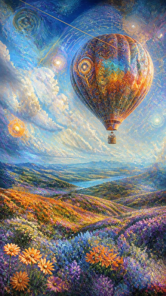 a hot air balloon drifting over rolling flower fields on a sunny day, cheerful, no text