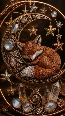 a sleeping baby fox curled on a crescent moon among soft stars, gentle and warm, no text