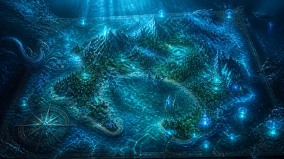 a map of an island realm with mountains, forests, a sheltered bay, sea monsters in the water and a compass rose, no text labels