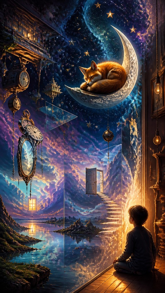 a sleeping baby fox curled on a crescent moon among soft stars, gentle and warm, no text