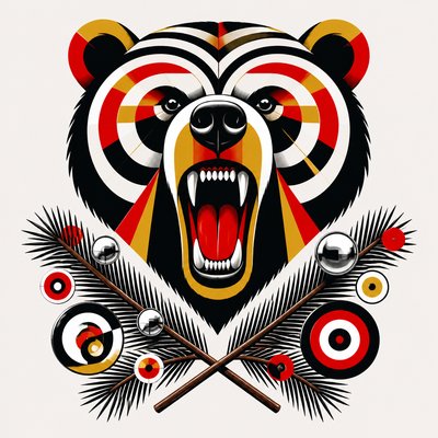 a roaring bear head above crossed pine branches, bold graphic composition on a plain background, no text