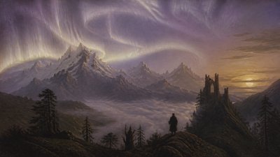 a flowing aurora over snowy peaks, wide sweeping composition, no people, no text