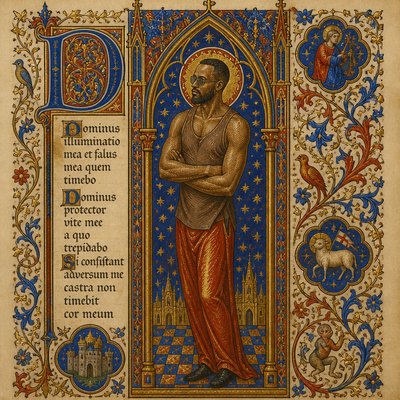 a painting of a man with a cross in his hands