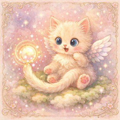 Whimsical Storybook Illustration Style, Soft Pastel Color Palette, Dreamy Atmosphere. A charming, heartwarming scene featuring a magical creature, rendered with gentle textures and colored pencil lines.

The Kitten: An impossibly fluffy, cream-colored kitten with enormous, round, sparkling blue eyes and tiny pink paws. It is sitting upright on a soft, mossy cloud, looking at its tail with a delighted, surprised expression.

The Wings: Sprouting from its back are two small, incredibly soft angel wings with white feathers that have a gentle, pearlescent sheen. They look slightly too big for its tiny body, giving it a clumsy sort of grace.

The Magic Tail (The Wand): The tail is long and expressive. Instead of a normal furry tip, the end of its tail is a swirling, glowing orb of concentrated magical energy—soft golds, rosy pinks, and powder blues. The kitten is swishing its tail forward just like a wizard waves a wand.