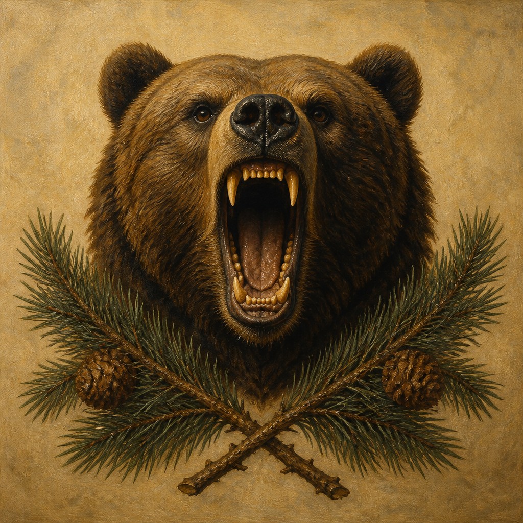 a roaring bear head above crossed pine branches, bold graphic composition on a plain background, no text