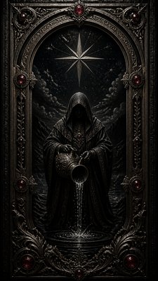 a robed figure pouring water beneath a large eight-pointed star in a night sky, symmetrical composition with an ornate decorative border, no text