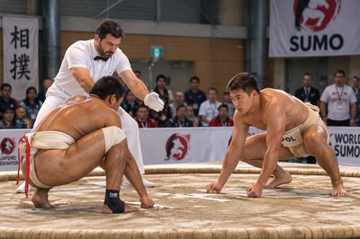 two sumo wrestlers in a ring during a competition