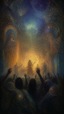 a live music scene with a glowing stage and silhouetted crowd, energetic vertical composition with open space at the top, no text